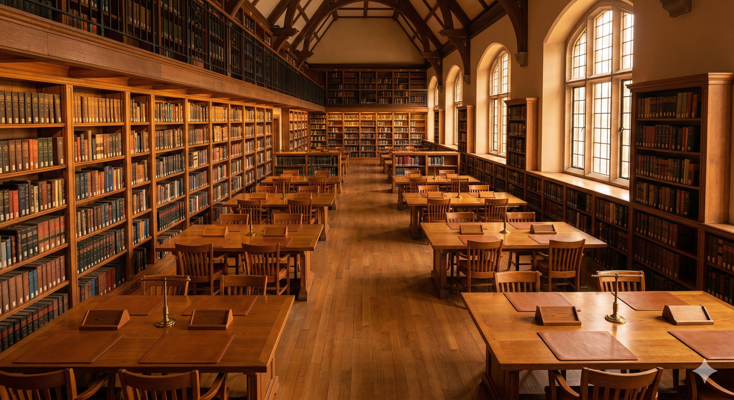 The interior of a warmly lit library with rows of books and reading tables