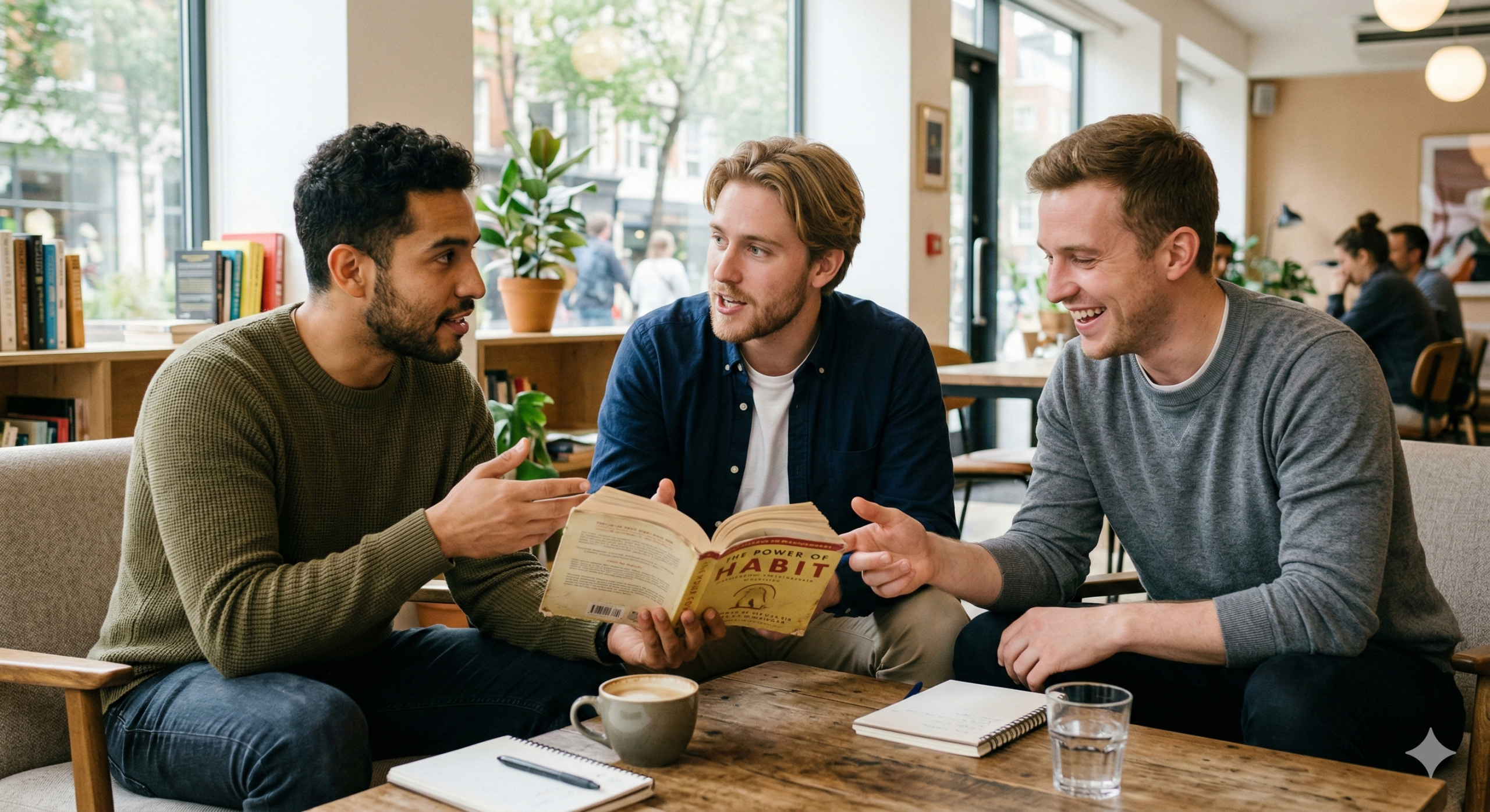 A diverse group of young men engaged in a book discussion in a bright classroom setting
